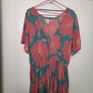 Floral V-Neck Dress with Pink and Teal Design